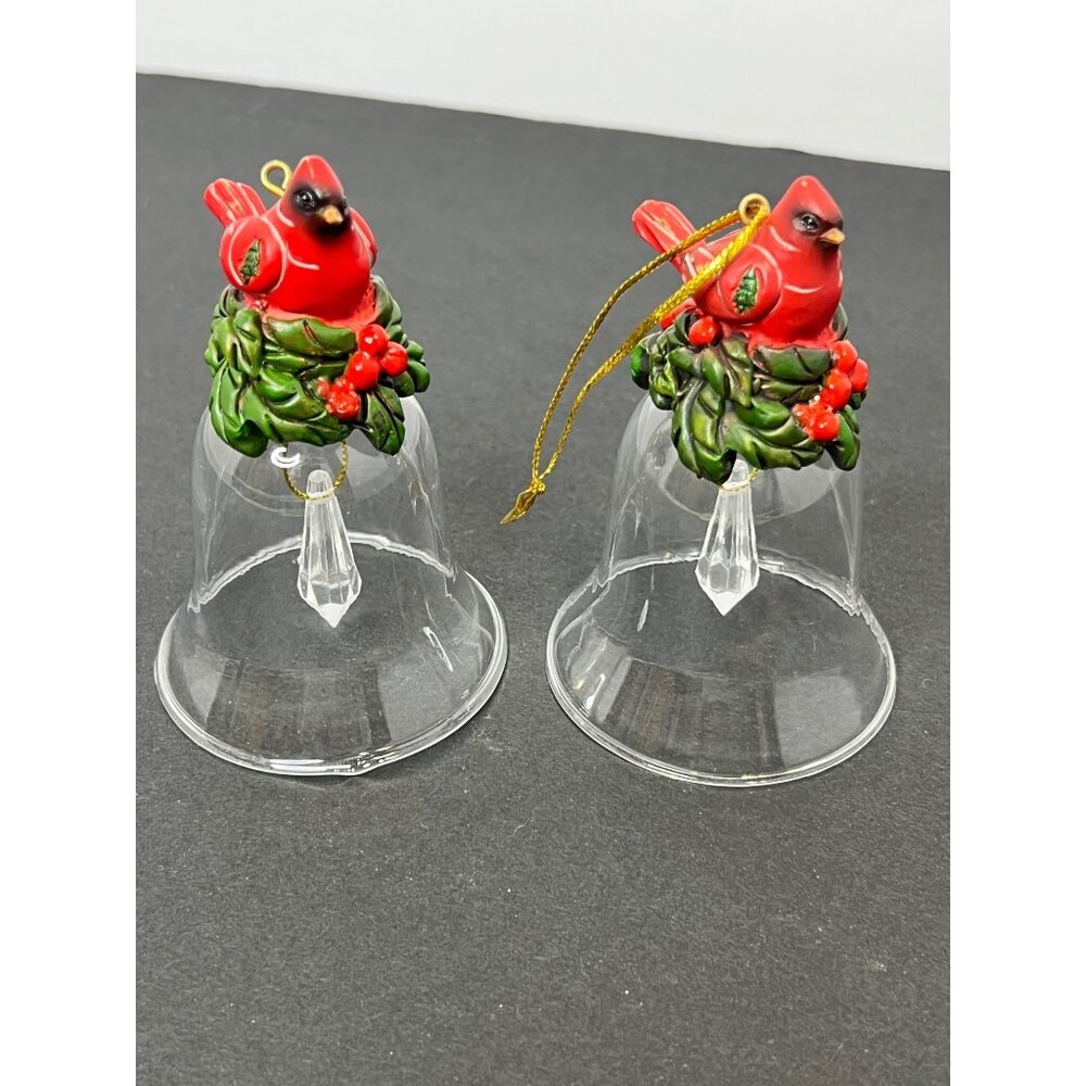 Set Of 2 Cardinal Glass Bell Ornaments Holly Berry Accents Holiday Decoration